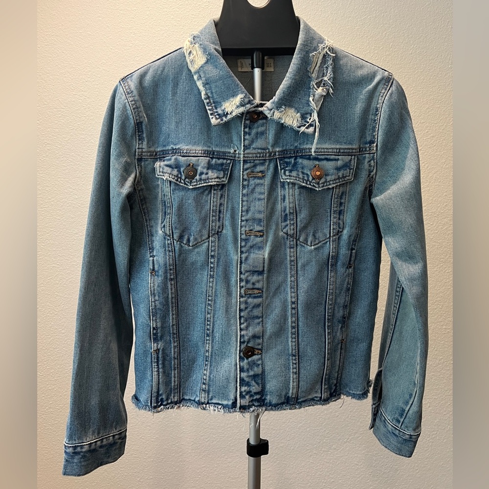 Mango Light Blue Distressed Jacket Size Small - image 1